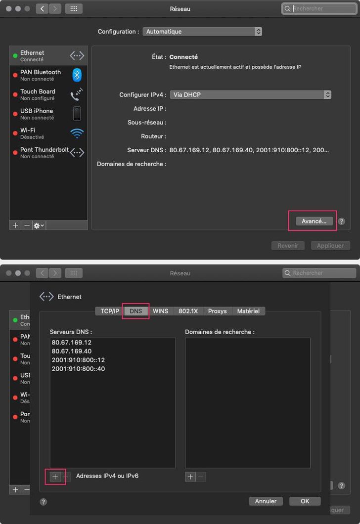 MacOS réglages réseau et DNS